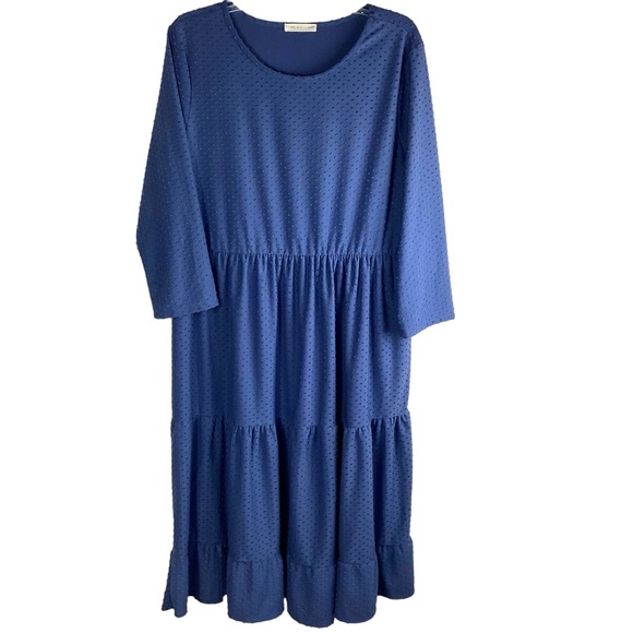 Reb in J Dress Slate Blue Swiss Dot Mid Length Tiered Skirt Long Sleeve Size L - Picture 2 of 14